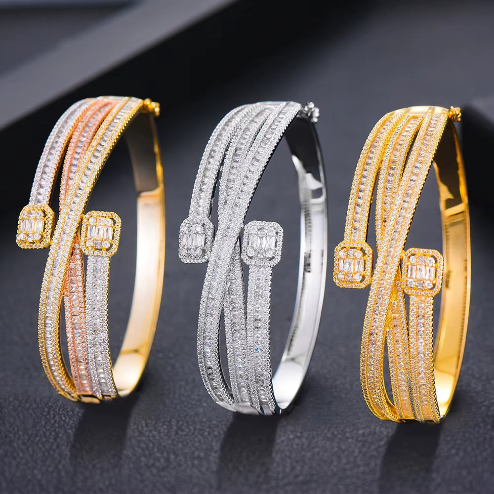 Maxi Size Crossover 3 Colors Bracelet Bangle for Women Wedding Party Zircon Crystal Engagement DUBAI Bridal Jewelry Gifts