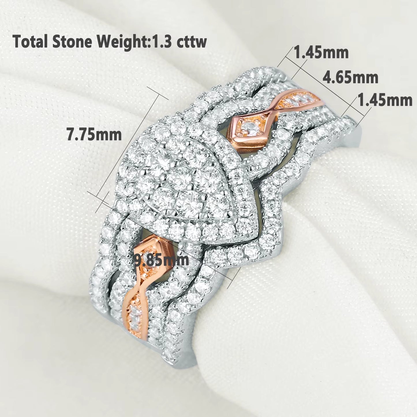 3 Pcs 925 Sterling Silver Wedding Rings for Women 1.3 Ct Double Pear Shape AAAAA CZ Engagement Ring Set Clearance Sale