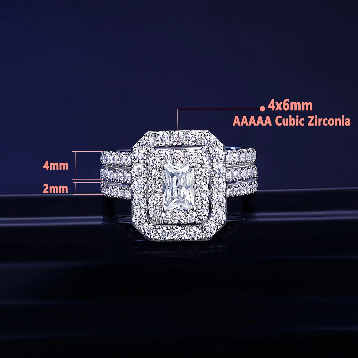 2 Pieces 925 Sterling Silver Engagement Wedding Rings Set for Women Double Halo Radiant Cut AAAAA CZ Gorgeous Jewelry