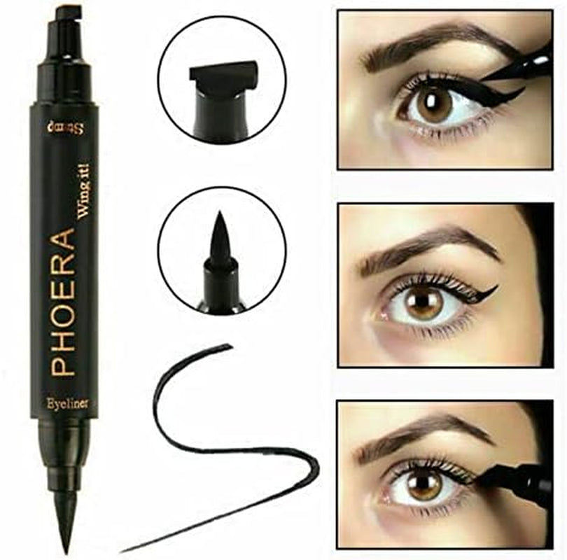 2 in 1 Wing Cat Eye Liner + Stamp Winged Long Lasting Liquid Eye Liner Waterproof & Smudge Proof Makeup Black Eyeliner Pen Winged Eyeliner Pencil - AQUAPURITY (THIN STAMP)