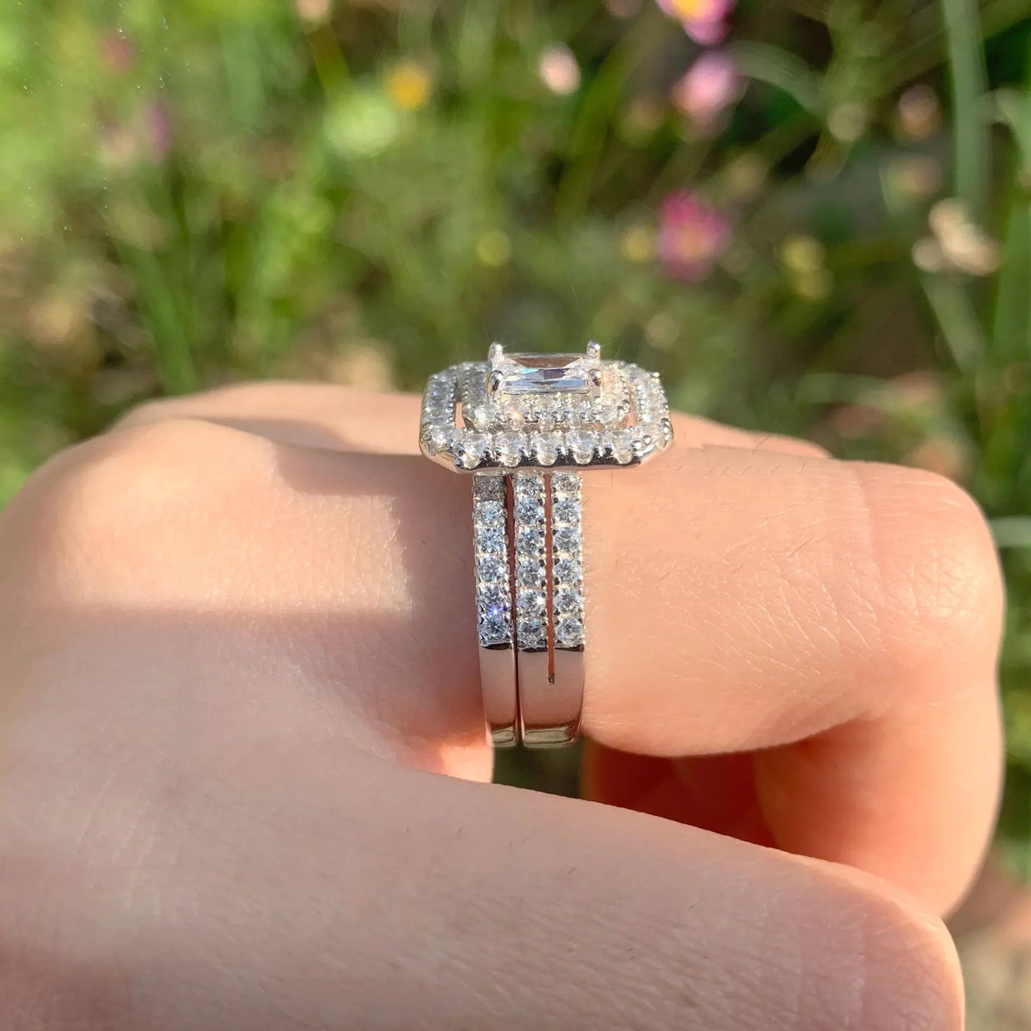 2 Pieces 925 Sterling Silver Engagement Wedding Rings Set for Women Double Halo Radiant Cut AAAAA CZ Gorgeous Jewelry
