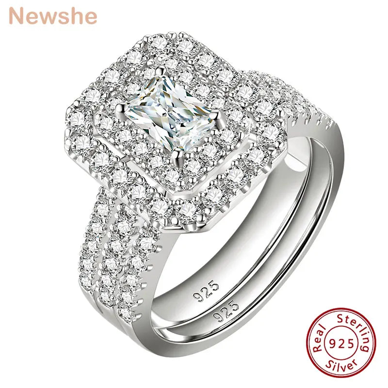 2 Pieces 925 Sterling Silver Engagement Wedding Rings Set for Women Double Halo Radiant Cut AAAAA CZ Gorgeous Jewelry