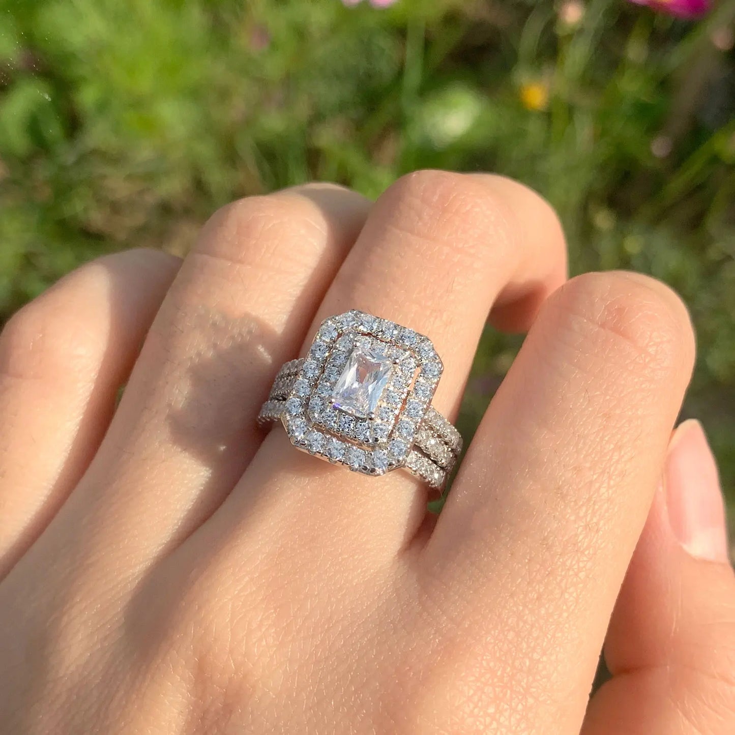 2 Pieces 925 Sterling Silver Engagement Wedding Rings Set for Women Double Halo Radiant Cut AAAAA CZ Gorgeous Jewelry