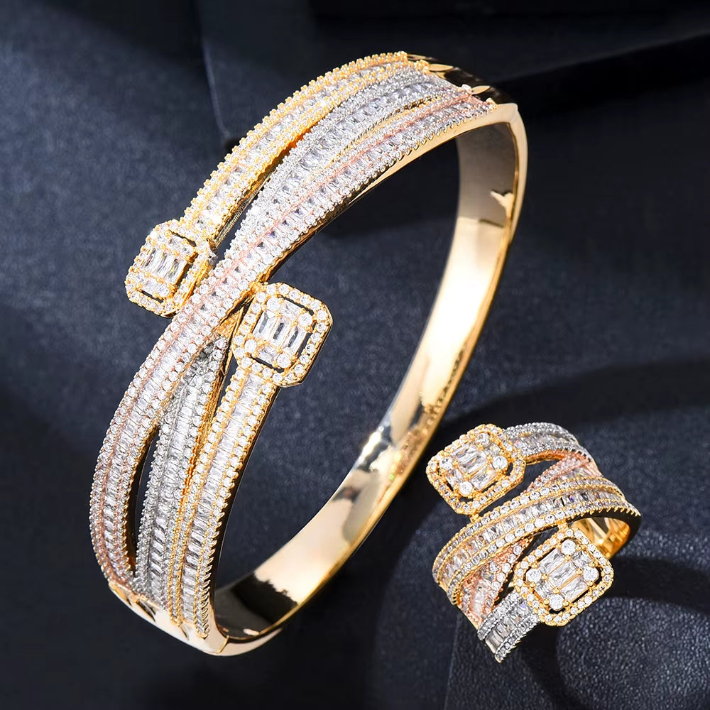 Maxi Size Crossover 3 Colors Bracelet Bangle for Women Wedding Party Zircon Crystal Engagement DUBAI Bridal Jewelry Gifts