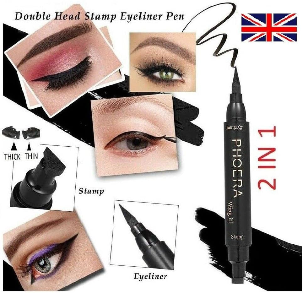 2 in 1 Wing Cat Eye Liner + Stamp Winged Long Lasting Liquid Eye Liner Waterproof & Smudge Proof Makeup Black Eyeliner Pen Winged Eyeliner Pencil - AQUAPURITY (THIN STAMP)