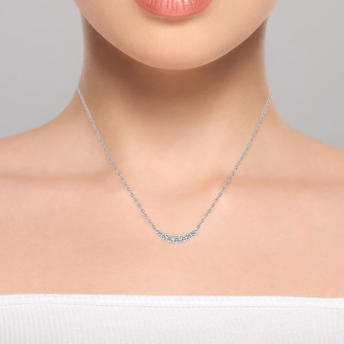 0.57Ctw round Brilliant Cut Diamond Curve Necklace, 18Ct White Gold