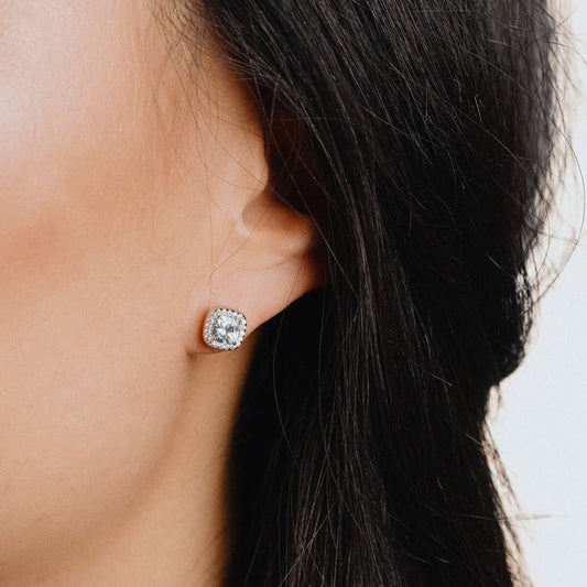 Sterling Silver Square Pave Set 1.57 Carat Cubic Zirconia Stud Earrings