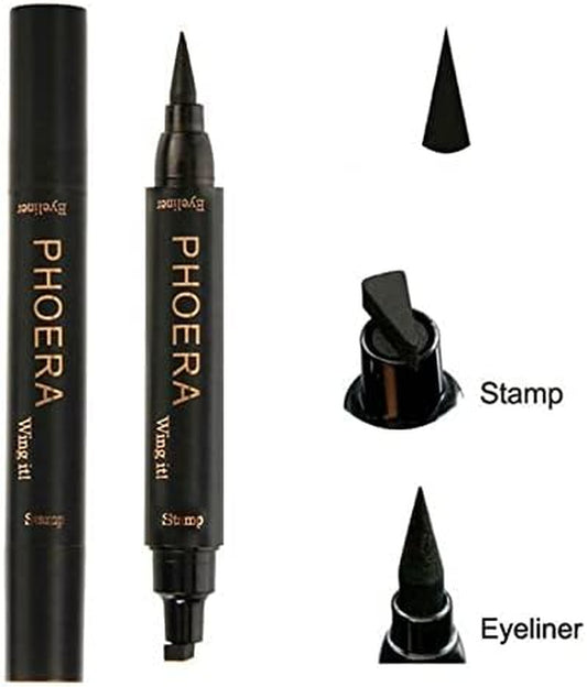 2 in 1 Wing Cat Eye Liner + Stamp Winged Long Lasting Liquid Eye Liner Waterproof & Smudge Proof Makeup Black Eyeliner Pen Winged Eyeliner Pencil - AQUAPURITY (THIN STAMP)