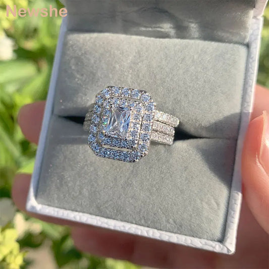 2 Pieces 925 Sterling Silver Engagement Wedding Rings Set for Women Double Halo Radiant Cut AAAAA CZ Gorgeous Jewelry