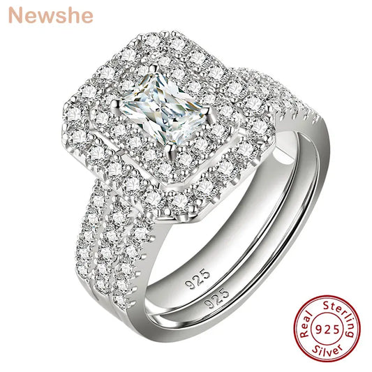2 Pieces 925 Sterling Silver Engagement Wedding Rings Set for Women Double Halo Radiant Cut AAAAA CZ Gorgeous Jewelry