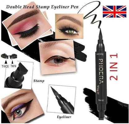 2 in 1 Wing Cat Eye Liner + Stamp Winged Long Lasting Liquid Eye Liner Waterproof & Smudge Proof Makeup Black Eyeliner Pen Winged Eyeliner Pencil - AQUAPURITY (THIN STAMP)