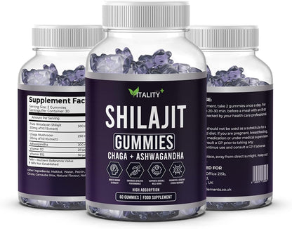 Premium Shilajit Gummies with Chaga & Ashwagandha – 500Mg Shilajit, 250Mg Chaga, 200Mg Ashwagandha – 60 Gummies – 1 Month Supply